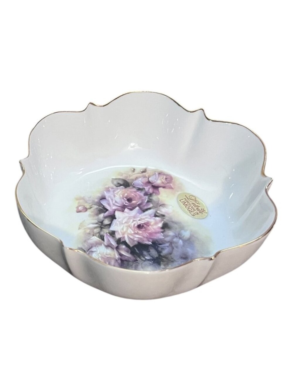 L'Etoile Limoges France Porcelain Floral Scalloped Bowl 22K Gold Trim 5 Inch